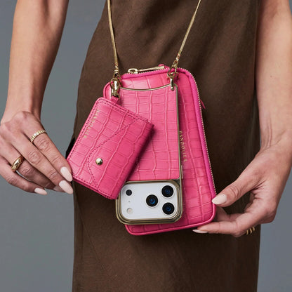 Expanded Zip Pouch - Magenta Croc/Gold