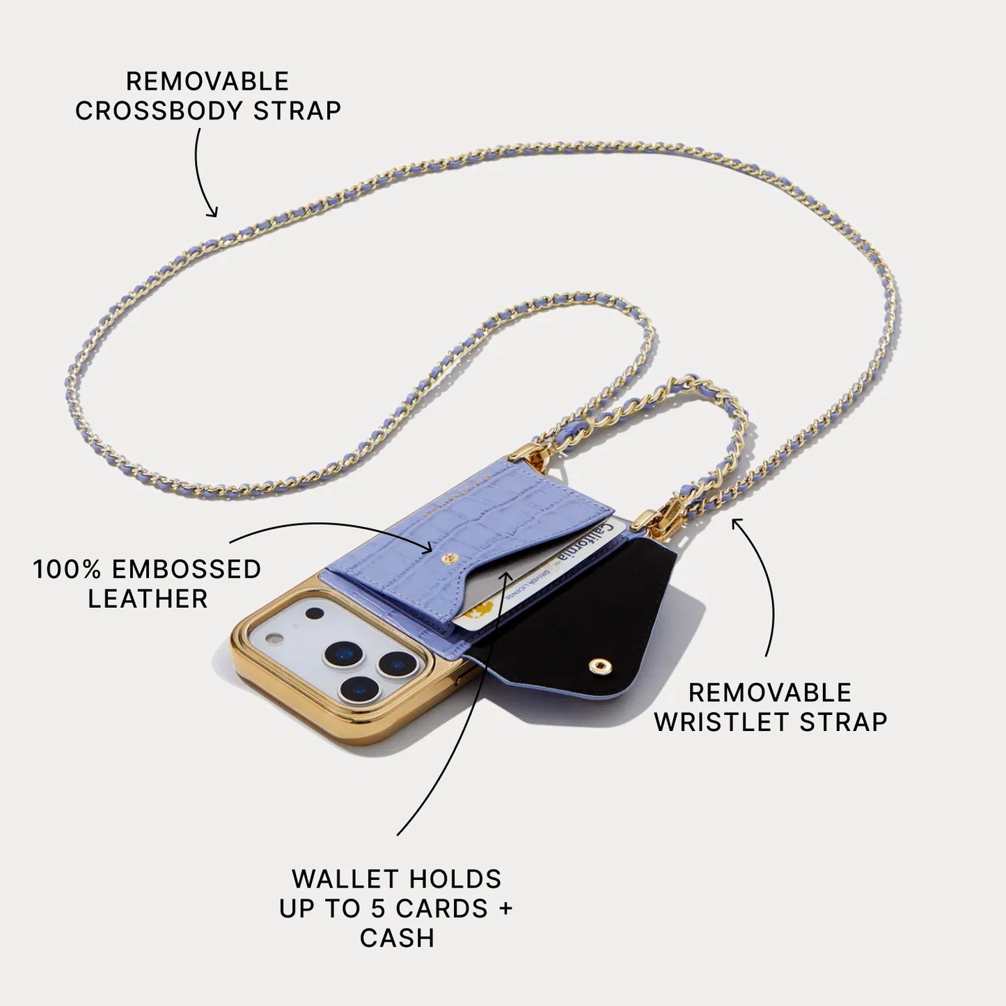 Lily Chrome Side Slot Leather Crossbody Bandolier Set - Lavender Croc/Chrome Gold