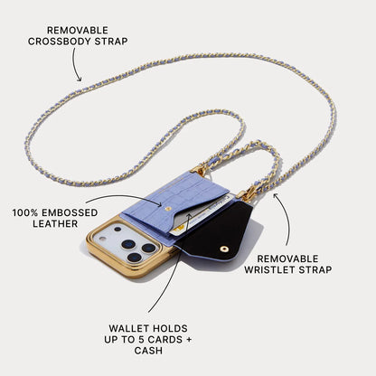 Lily Chrome Side Slot Leather Crossbody Bandolier Set - Lavender Croc/Chrome Gold
