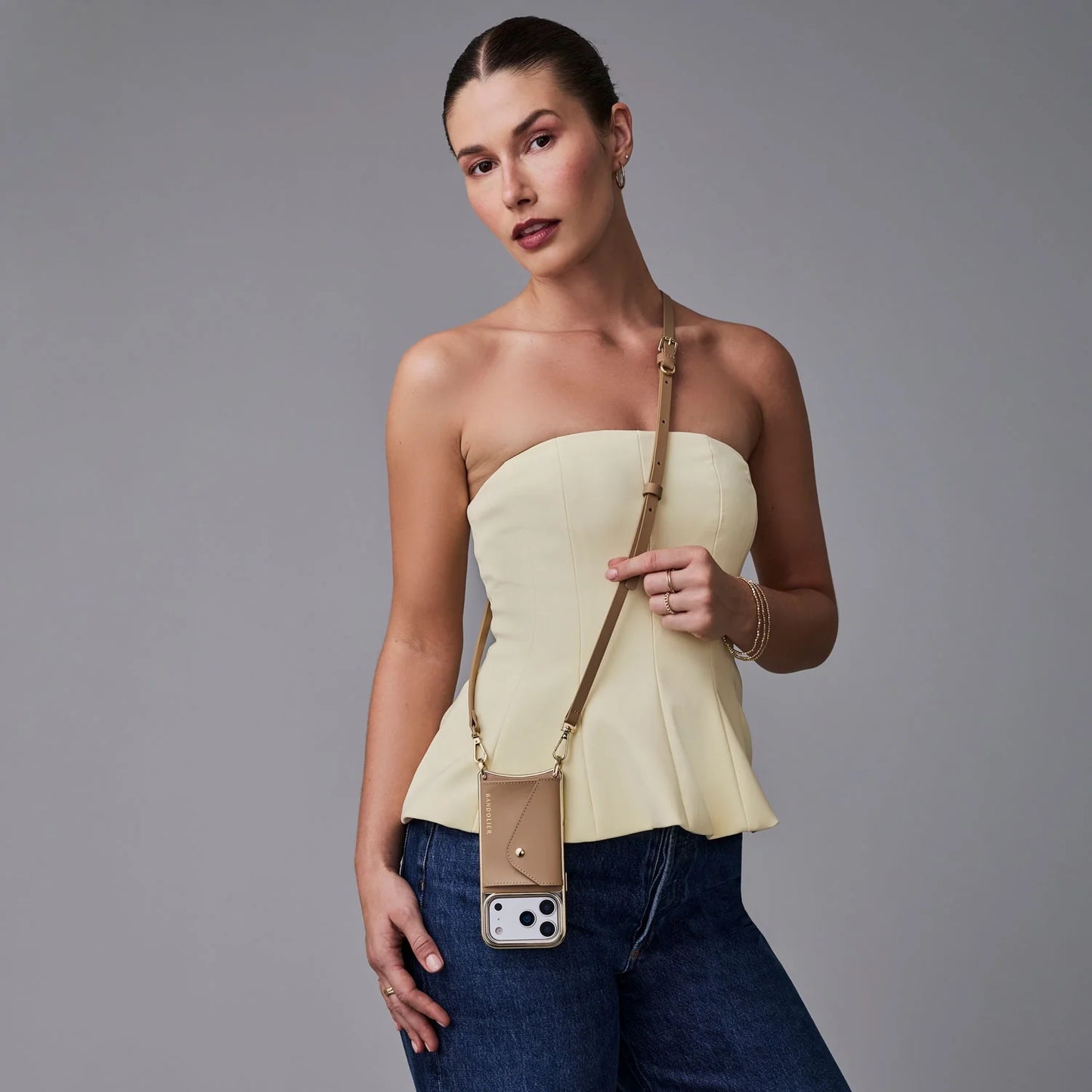Donna Chrome Crossbody Phone Case - Tan/Chrome Gold