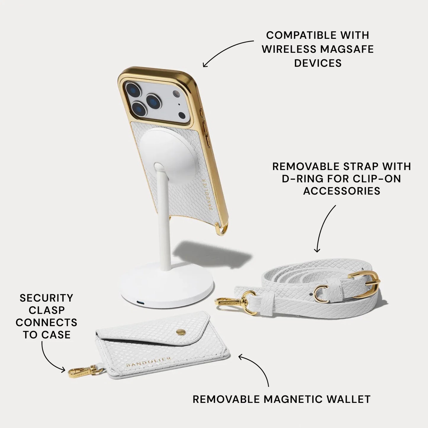 Remi Chrome Magnet Wallet Crossbody Phone Case - White Snake/Gold