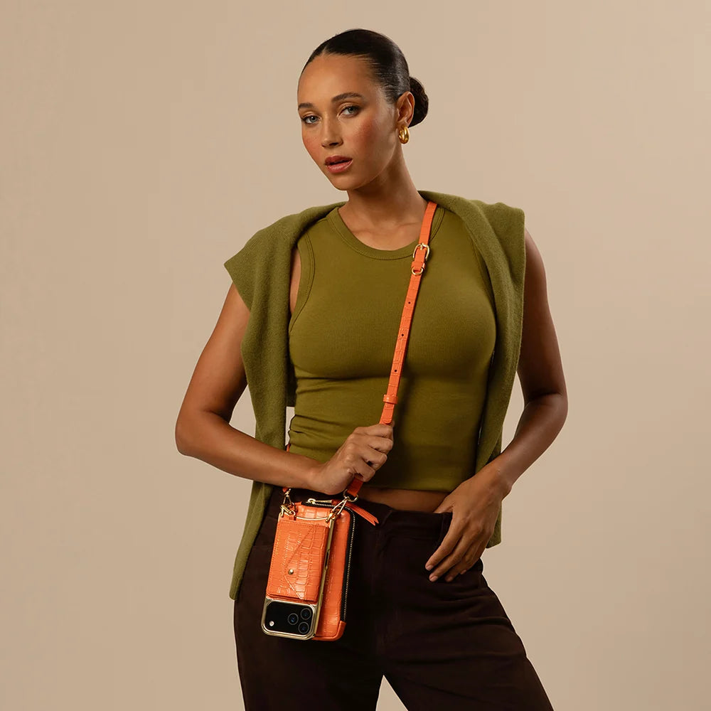 Remi Magnet Wallet Crossbody Phone Case Pouch Set - Orange Croc/Gold
