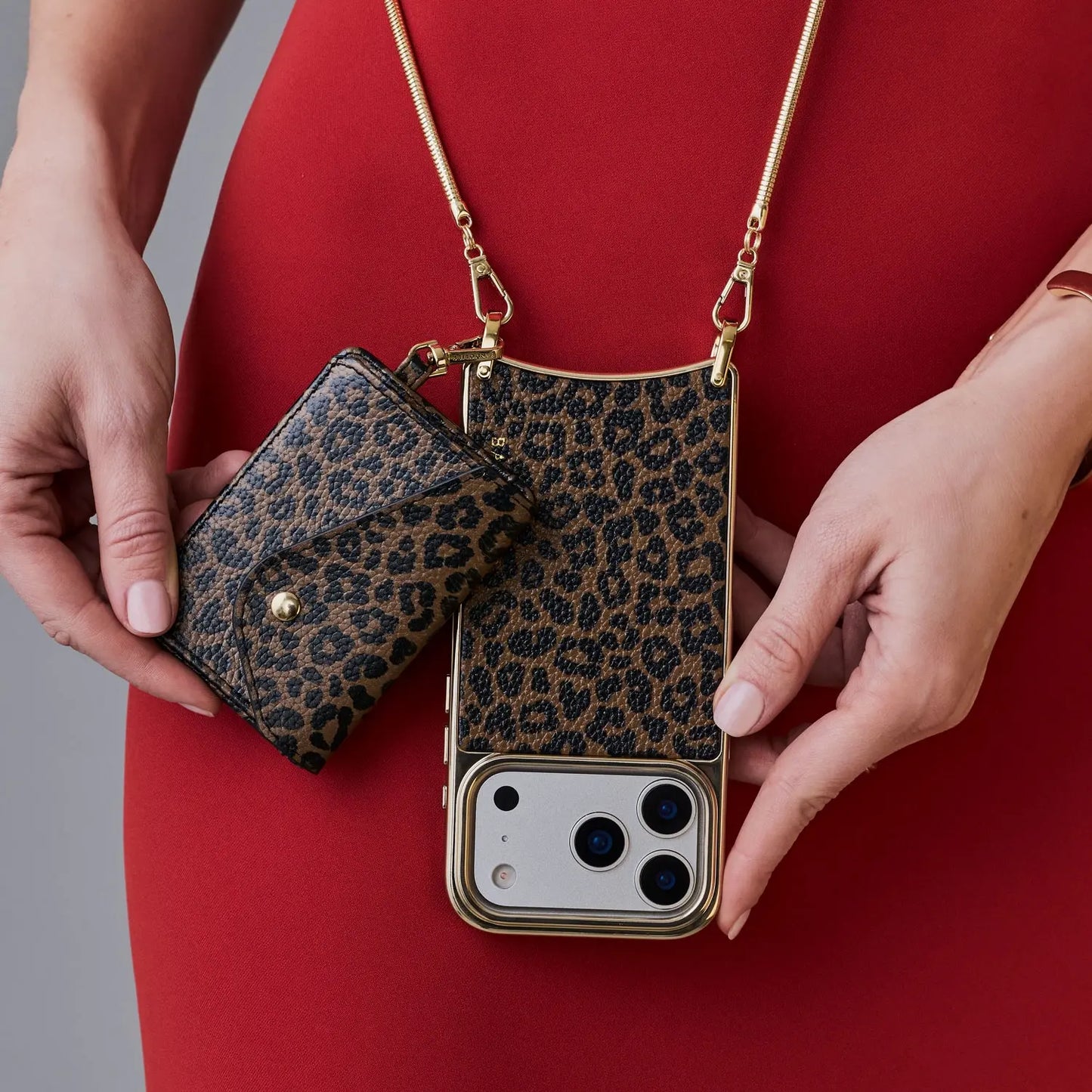 Remi Chrome Magnet Wallet Crossbody Phone Case - Dark Leopard/Gold