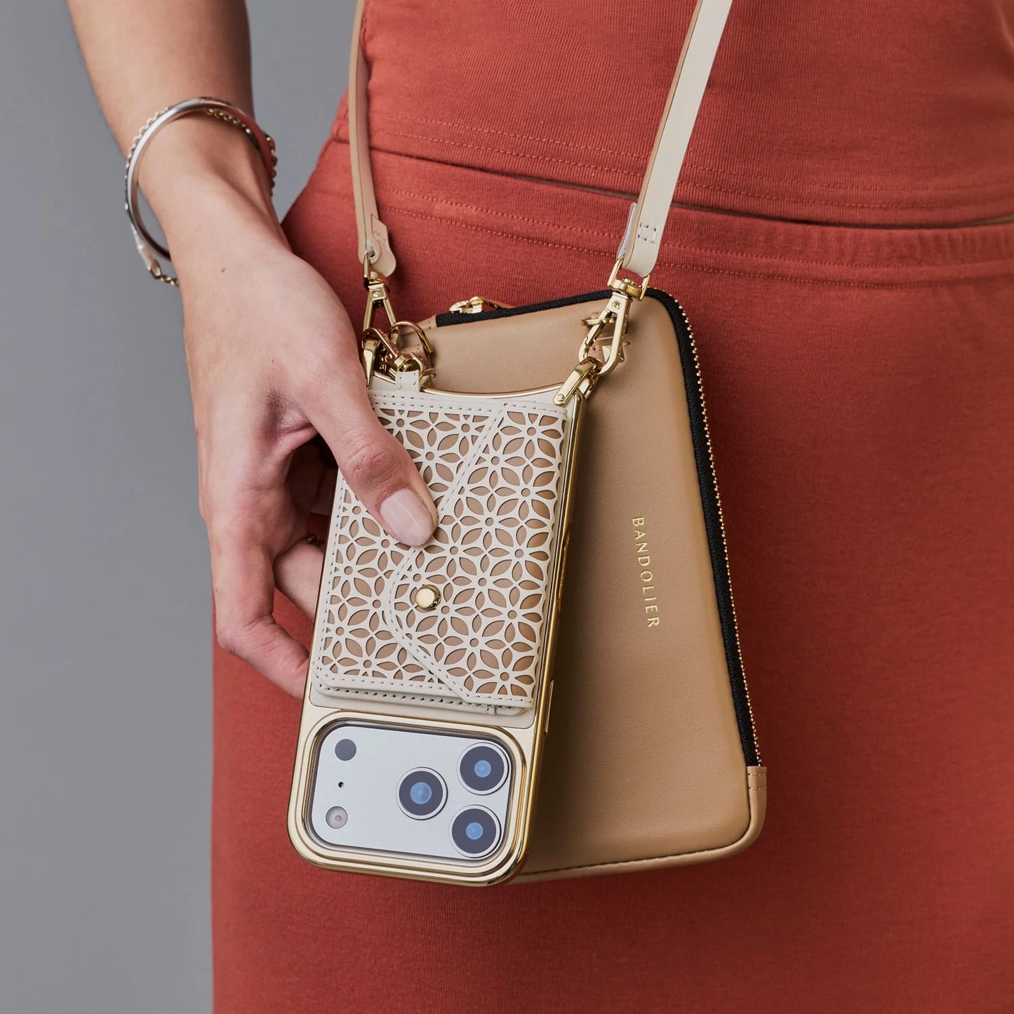 Mira Chrome Magnet Duet Crossbody Phone Case Pouch Set - Ivory Tan/Chrome Gold