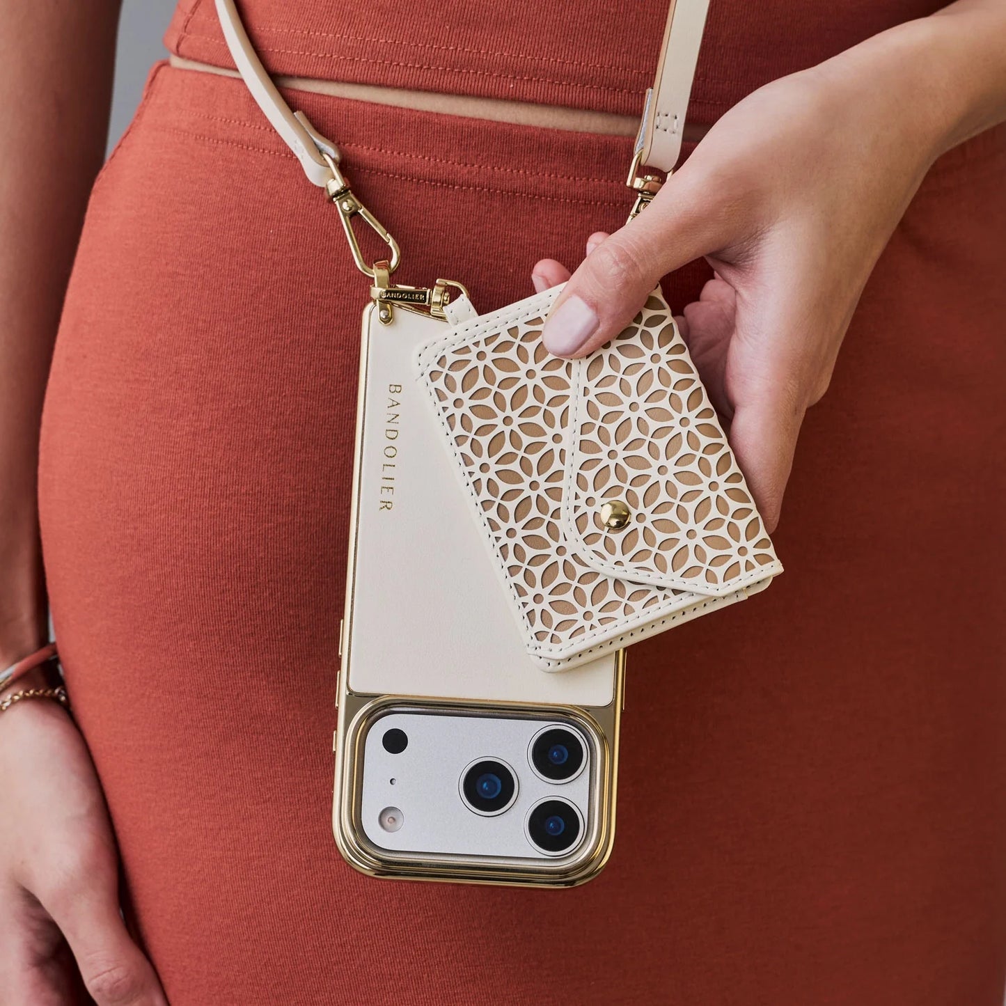 Mira Chrome Magnet Wallet Crossbody Phone Case - Ivory Tan/Chrome Gold