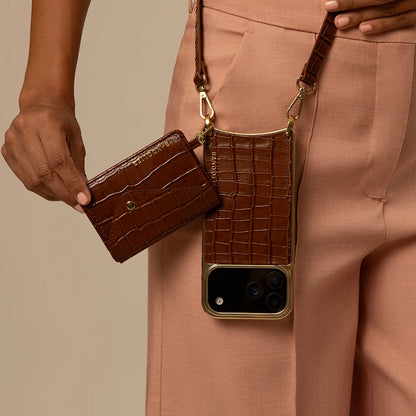 Remi Magnet Wallet Crossbody Phone Case - Brown Croc/Gold