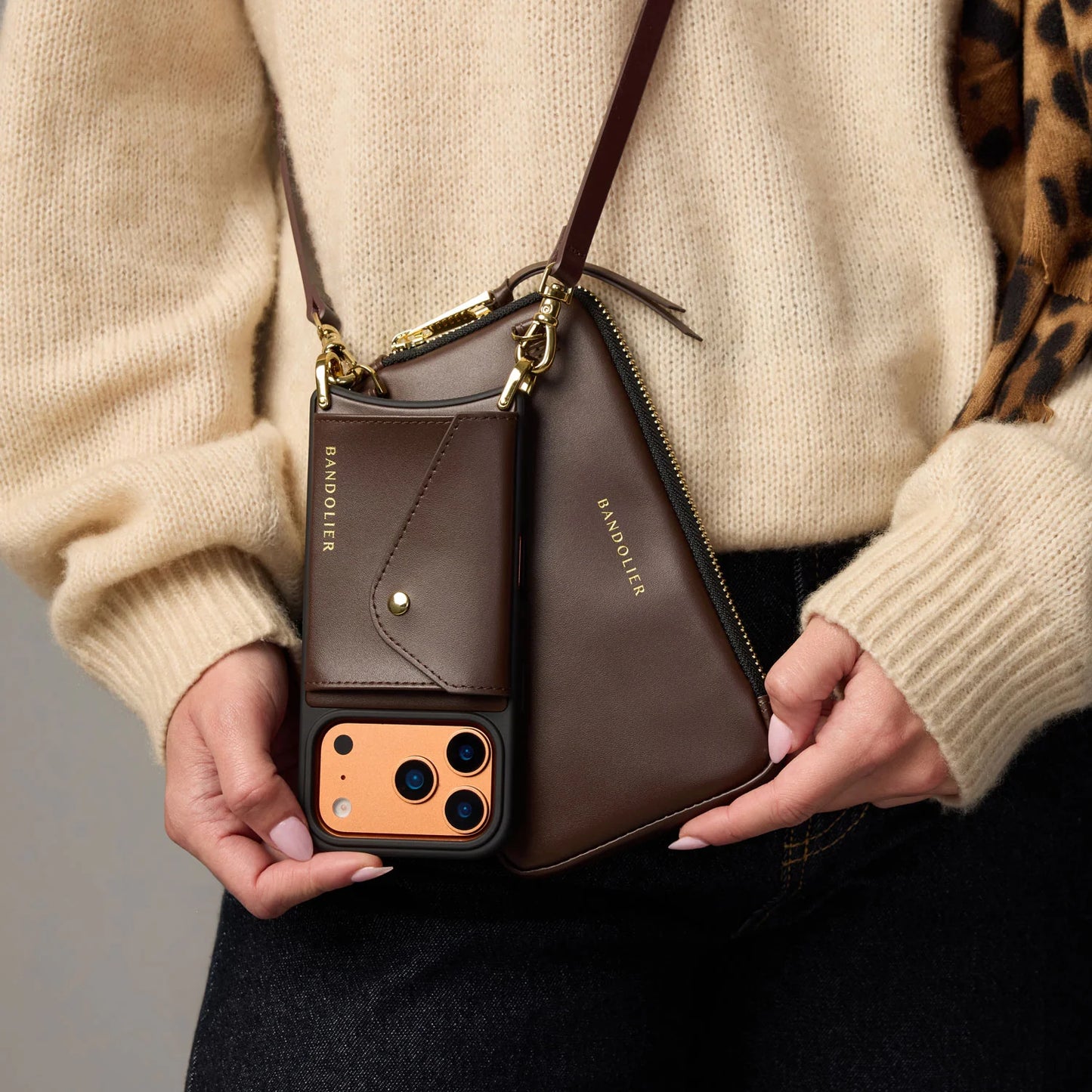 Expanded Zip Pouch - Espresso Brown/Gold