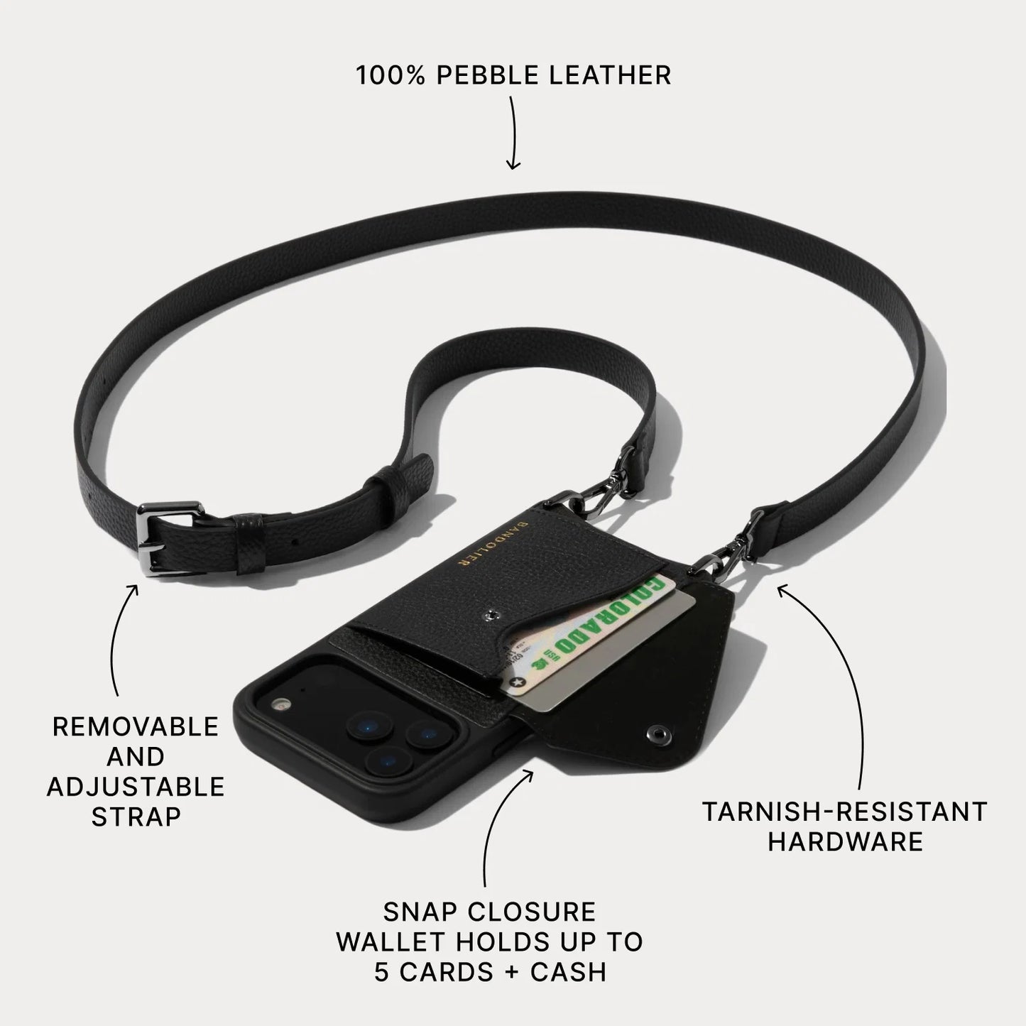 Hailey Side Slot Leather Crossbody Bandolier - Black/Pewter