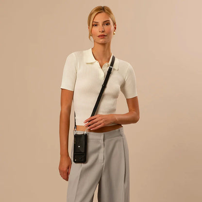 Hailey Side Slot Leather Crossbody Bandolier - Black/Silver