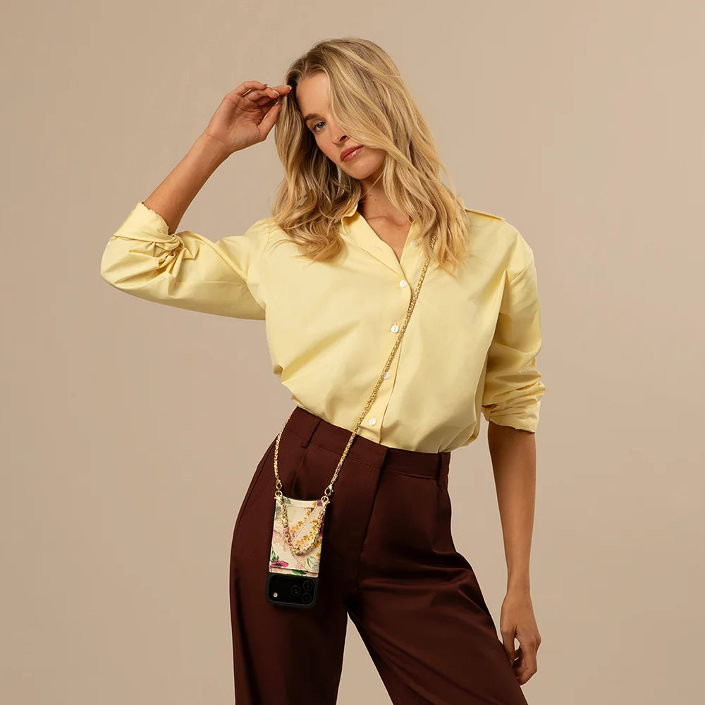 Lily Side Slot Leather Crossbody Bandolier - Ceci Ivory Floral/Gold