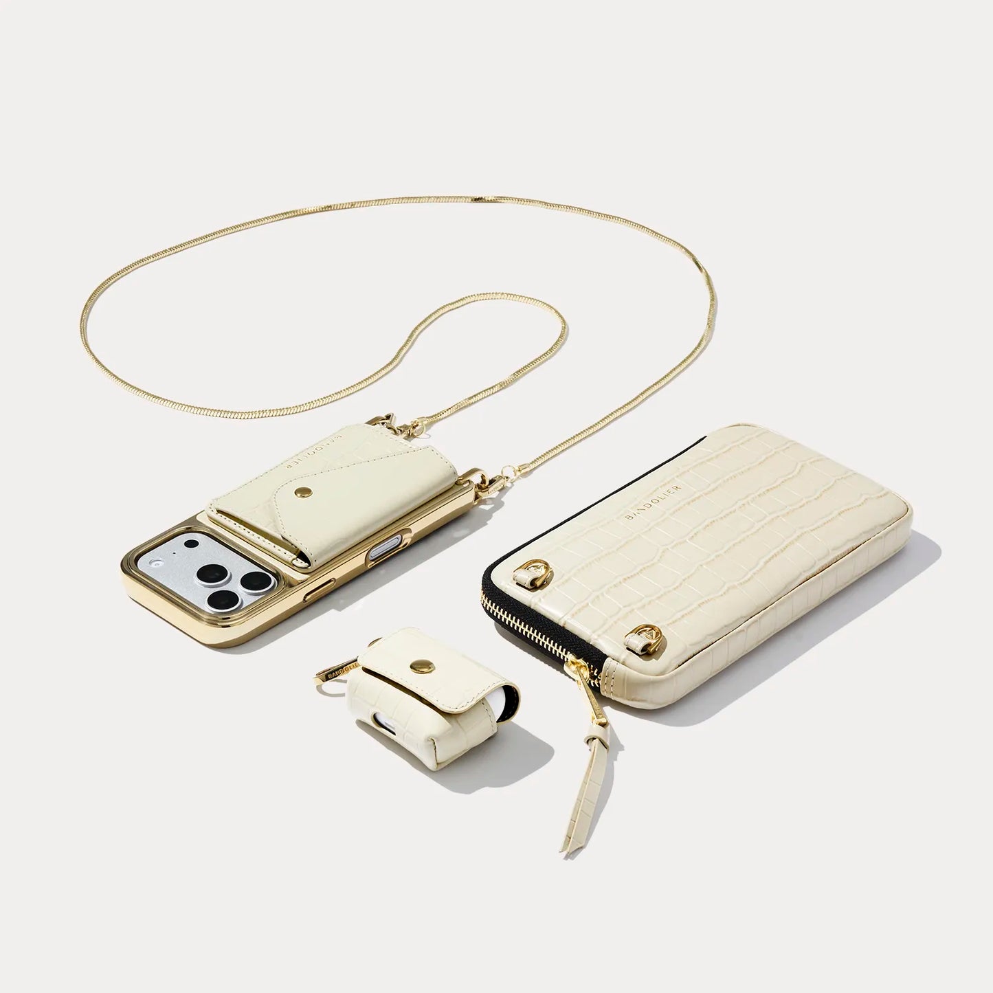 Remi Magnet Wallet Crossbody Phone Case Essentials Set - Ivory Croc/Gold