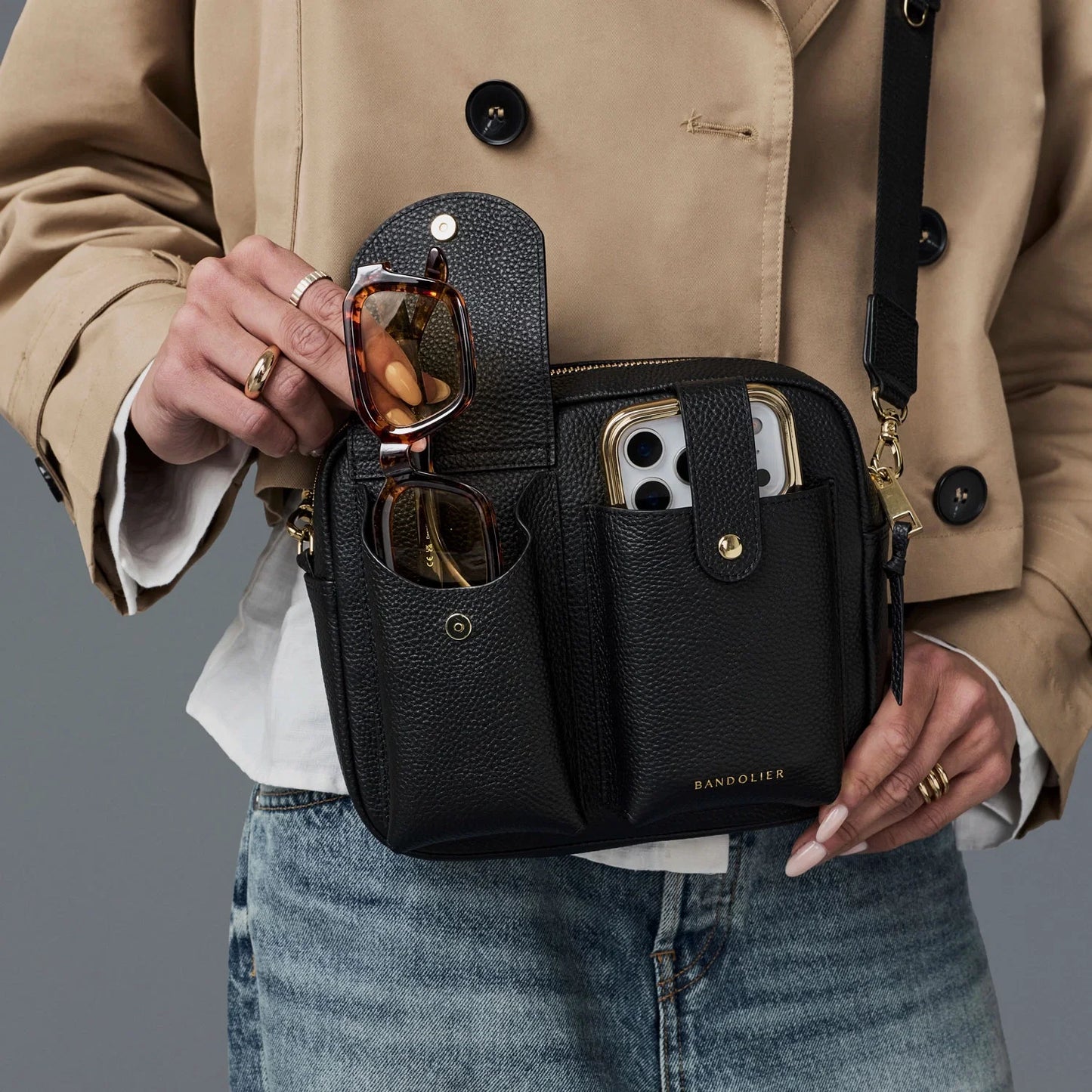 Dillon Dual Pocket Crossbody Bag - Black/Gold