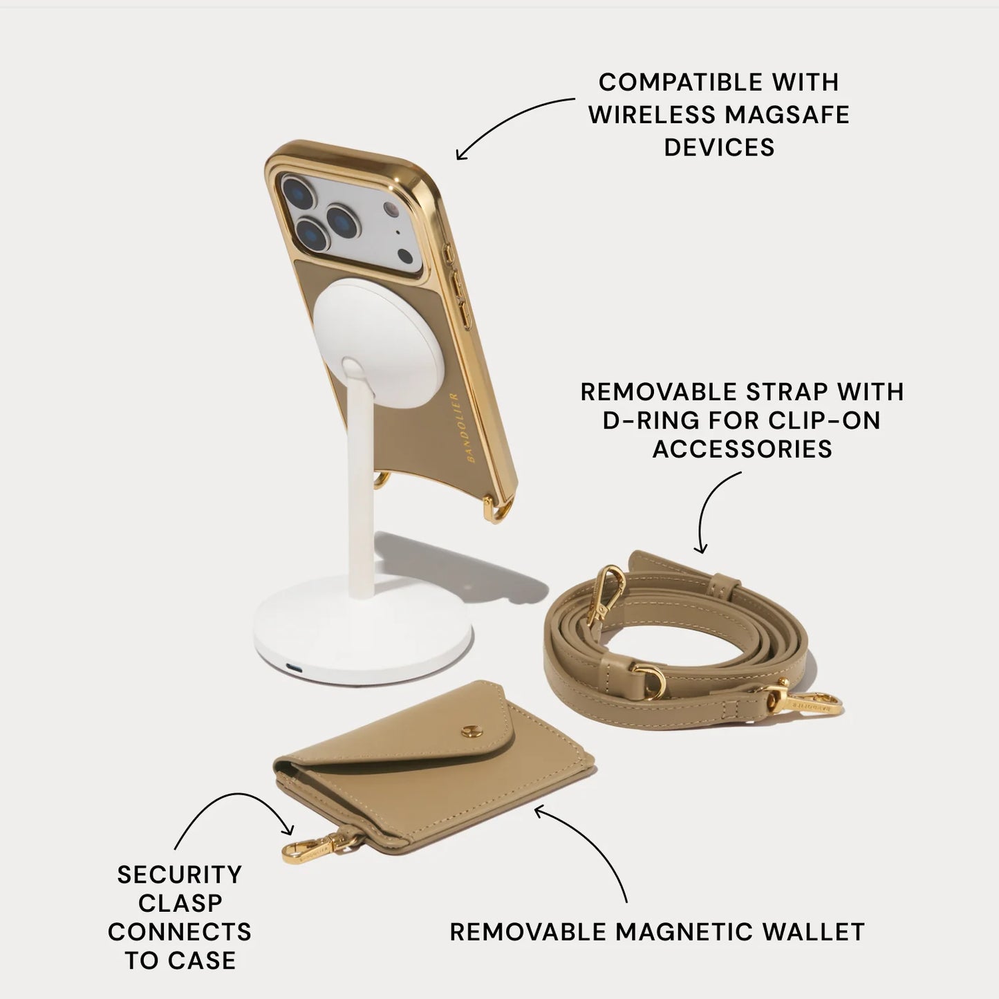 Remi Chrome Magnet Wallet Crossbody Phone Case - Khaki/Chrome Gold