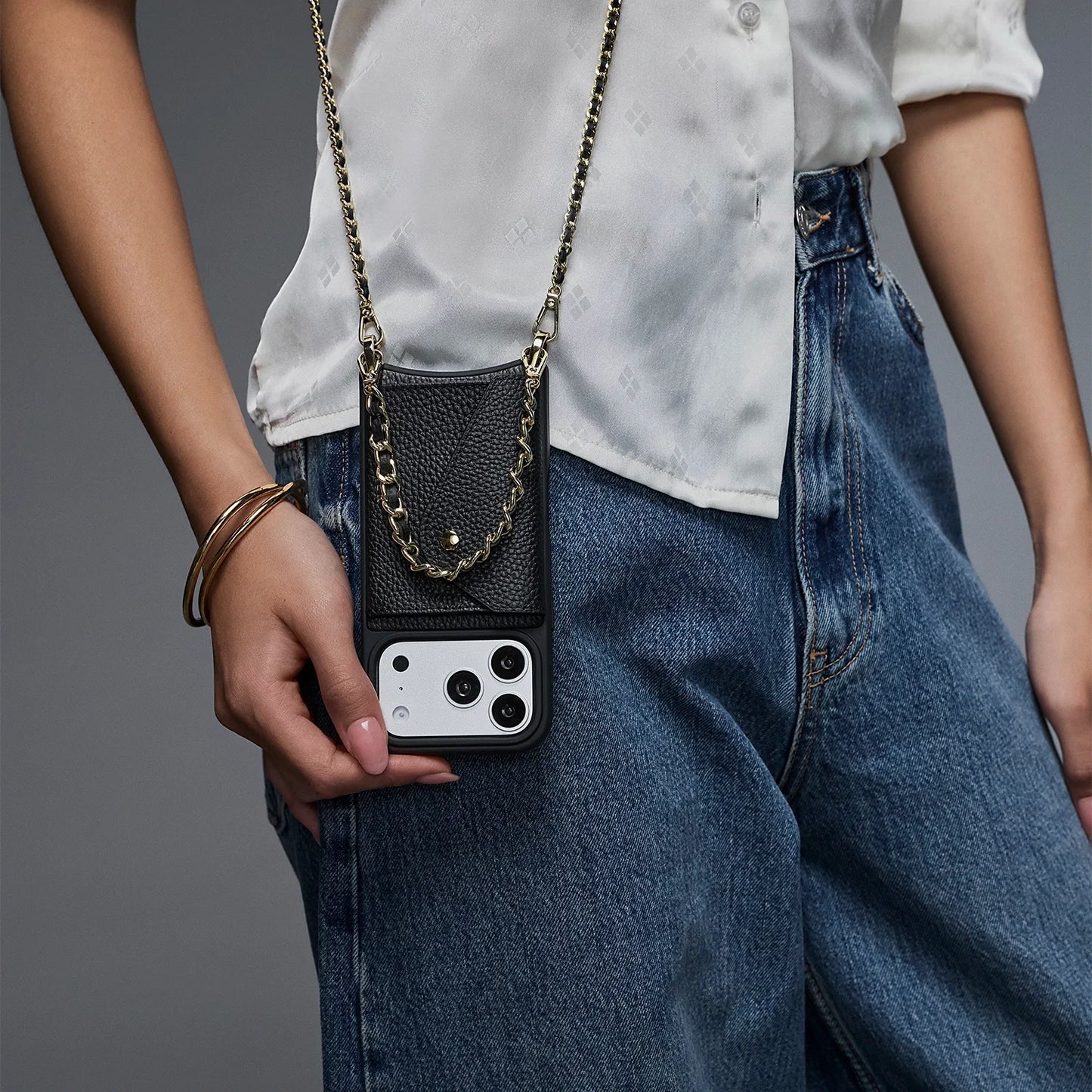 Lily Side Slot Leather Crossbody Bandolier Set - Black/Gold