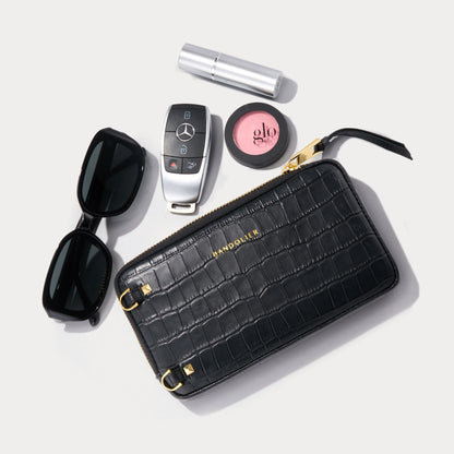 Expanded Zip Pouch - Black Croc/Gold