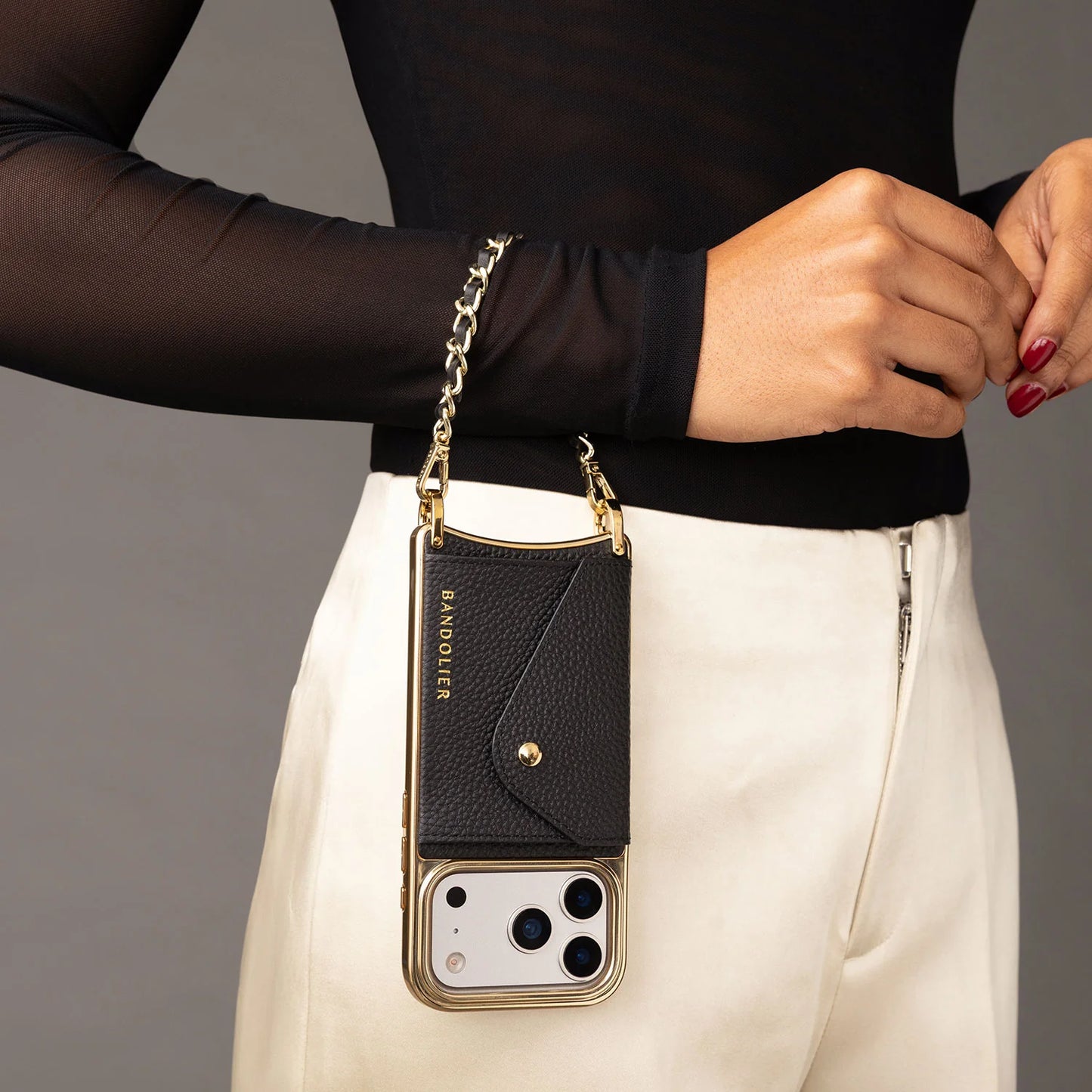 Lily Chrome Side Slot Leather Crossbody Bandolier Set - Black Chrome/Gold
