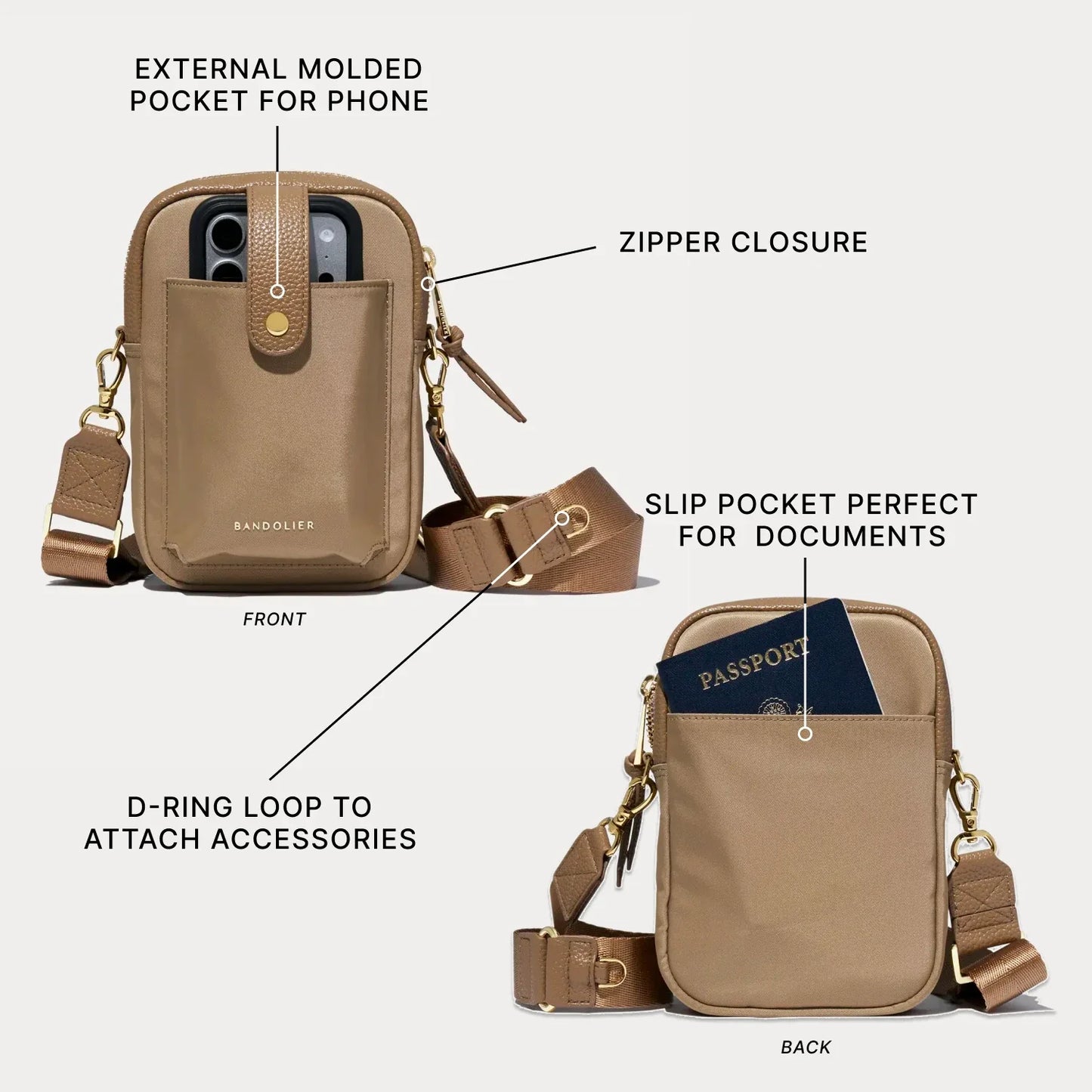 Dillon Nylon Crossbody Bag - Taupe/Gold