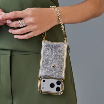 Lily Chrome Side Slot Leather Crossbody Bandolier Set - Metallic Silver/Chrome Gold