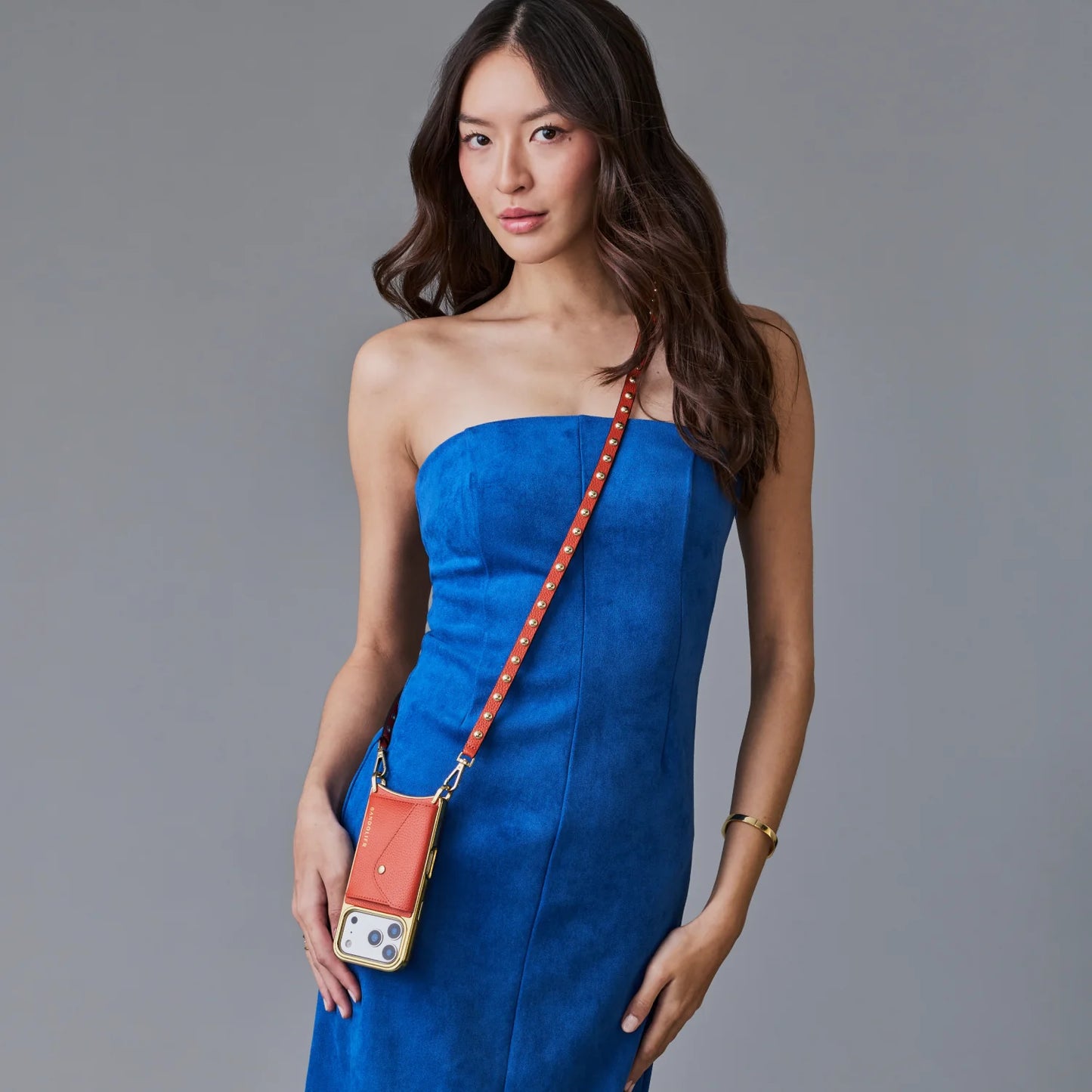 Annie Chrome Pebble Leather Crossbody Bandolier - Orange/Gold