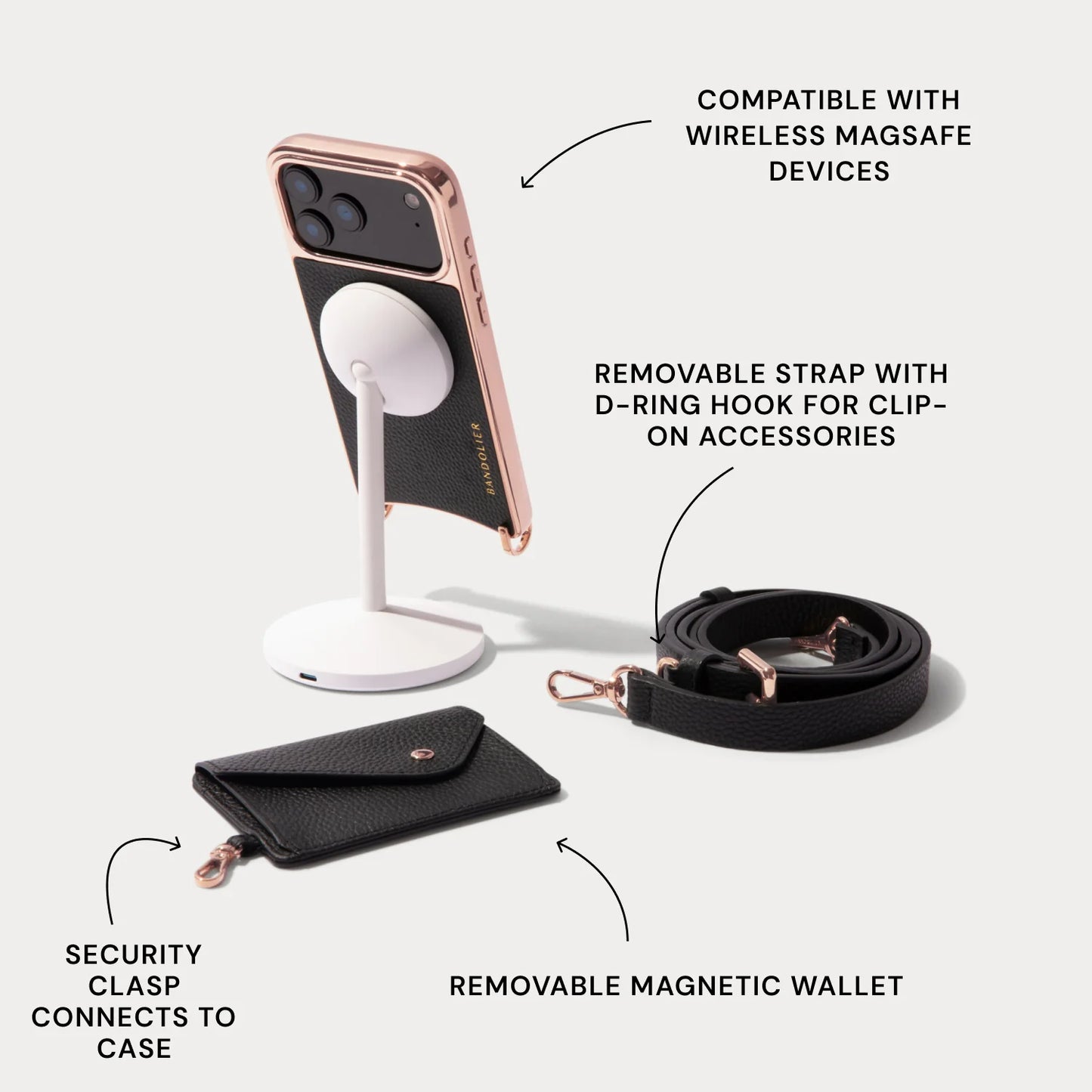 Remi Magnet Wallet Crossbody Phone Case Pouch Set - Black/Chrome Rose Gold