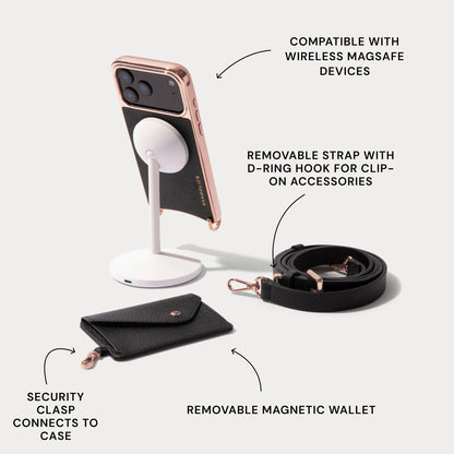 Remi Magnet Wallet Crossbody Phone Case Pouch Set - Black/Chrome Rose Gold