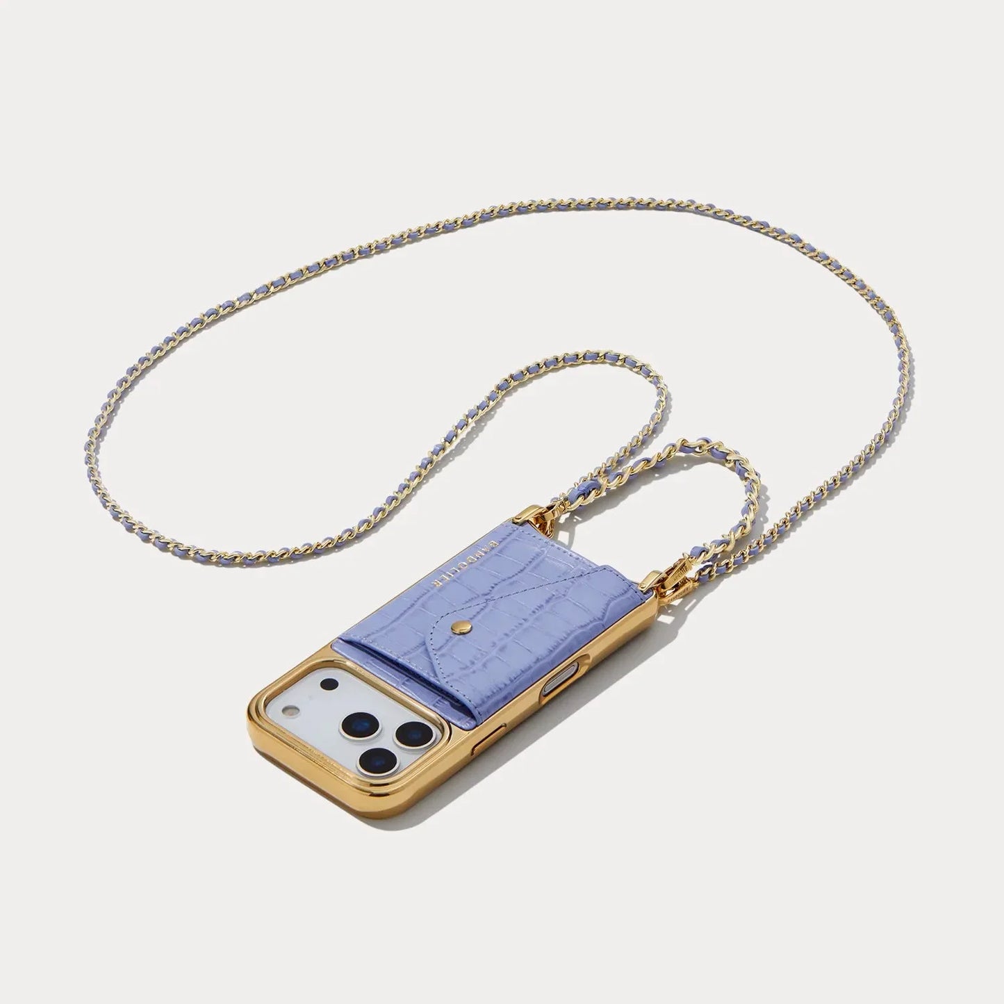 Lily Chrome Side Slot Leather Crossbody Bandolier Set - Lavender Croc/Chrome Gold