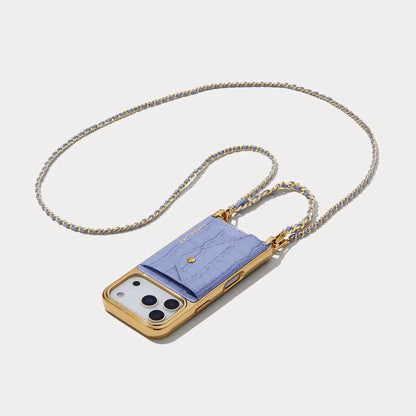 Lily Chrome Side Slot Leather Crossbody Bandolier Set - Lavender Croc/Chrome Gold