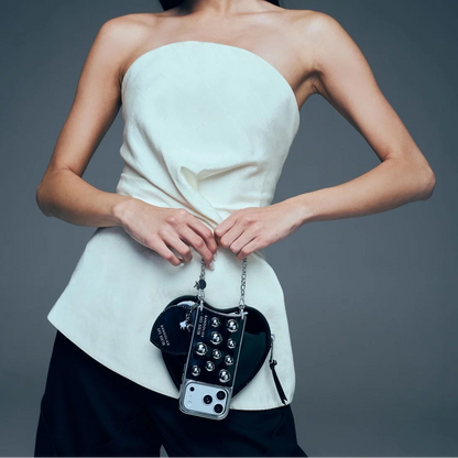Expanded Heart Pouch - Black Patent/Silver