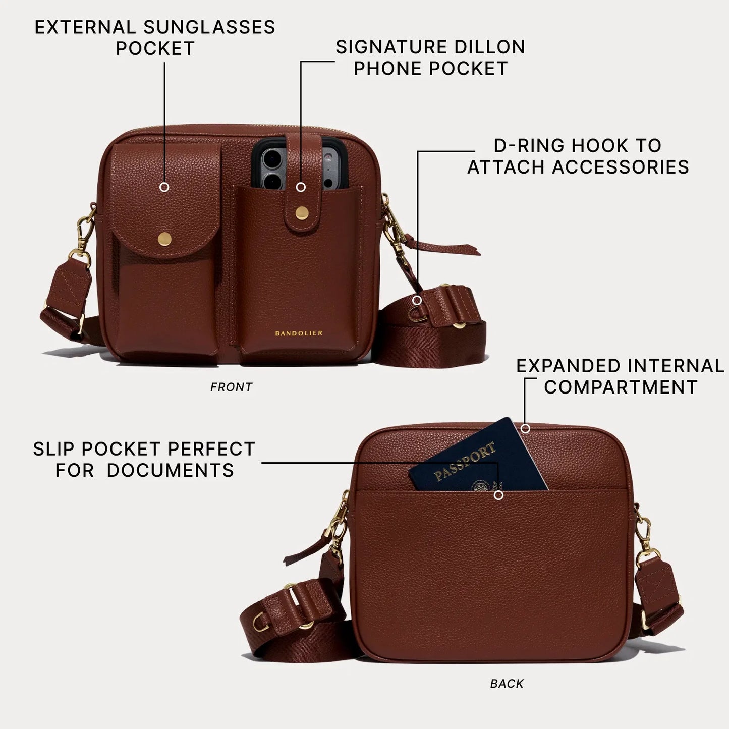 Dillon Dual Pocket Crossbody Bag - Cognac/Gold
