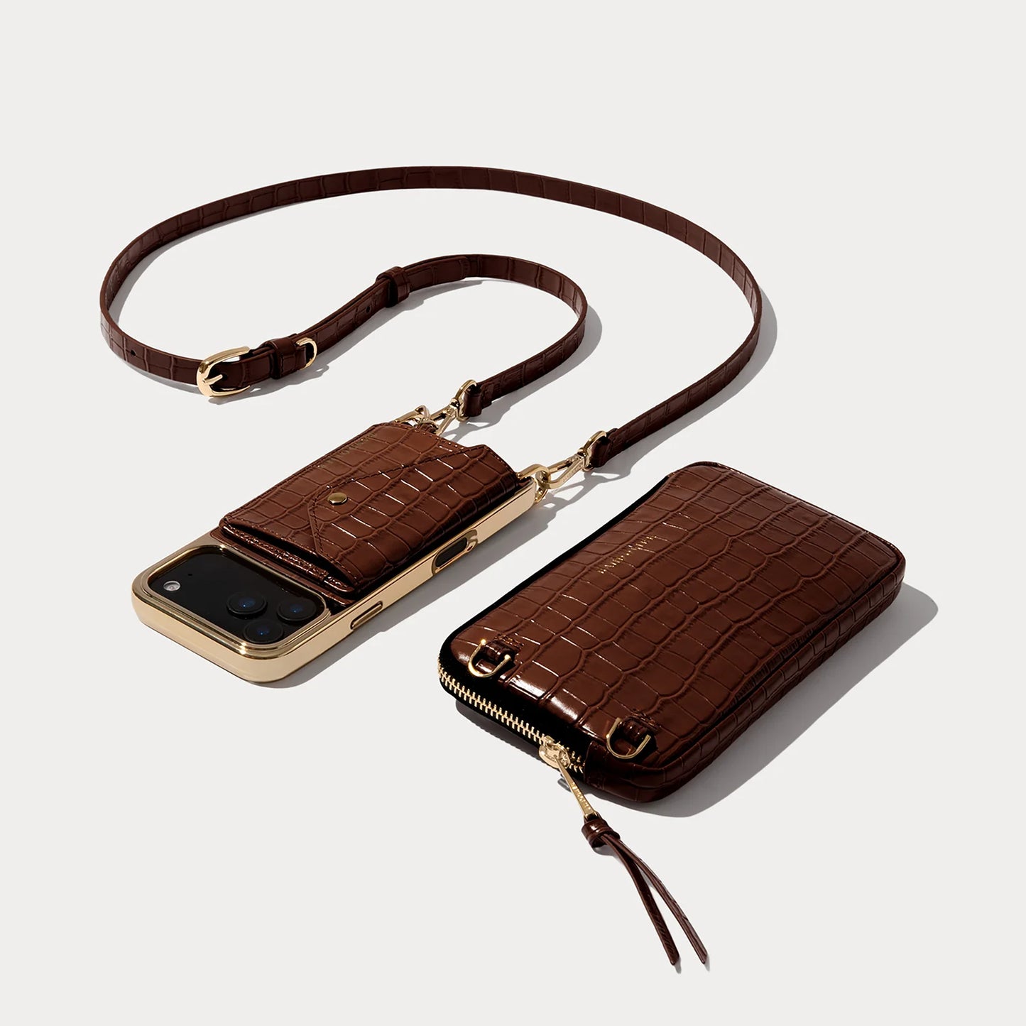 Remi Magnet Wallet Crossbody Phone Case Pouch Set - Brown Croc/Gold