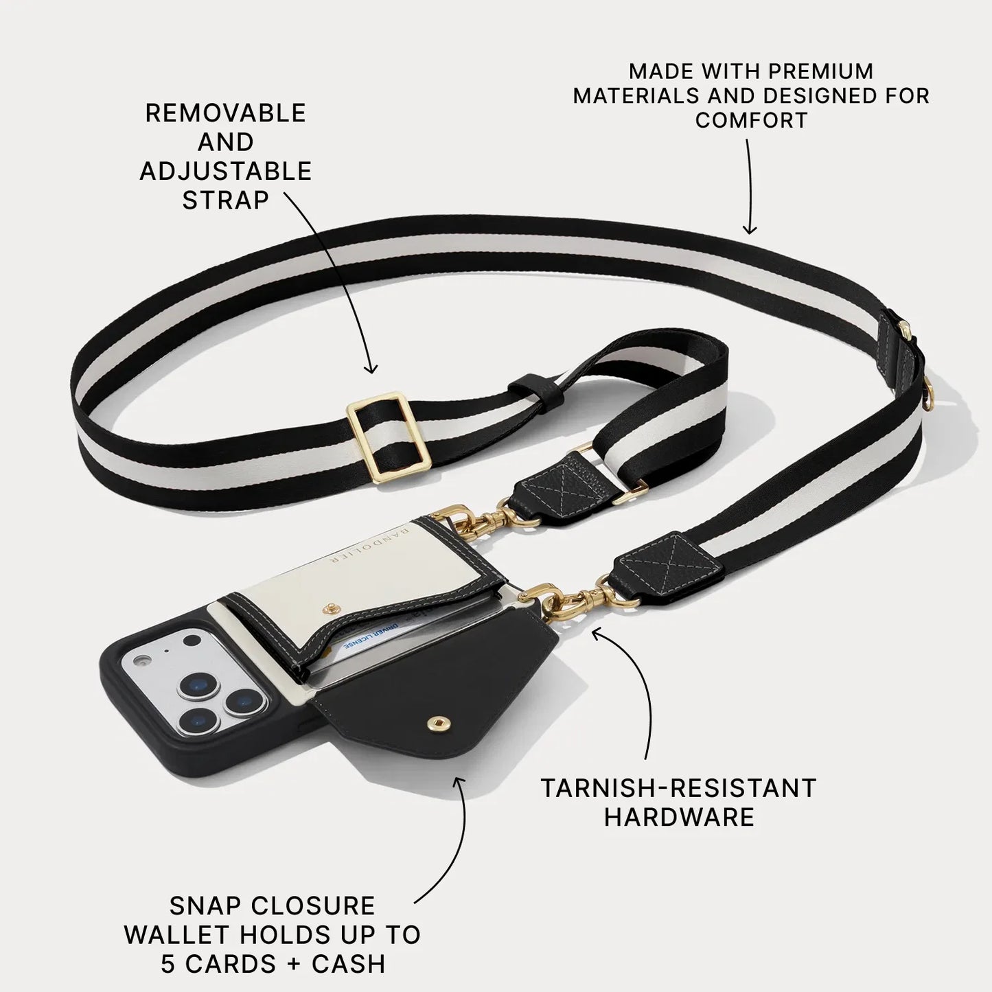 Brooke Canvas Crossbody Phone Case - Cream Black/Gold